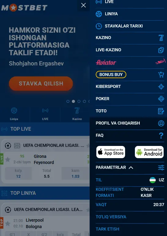 Android учун Мостбет мобил иловасини созлаш