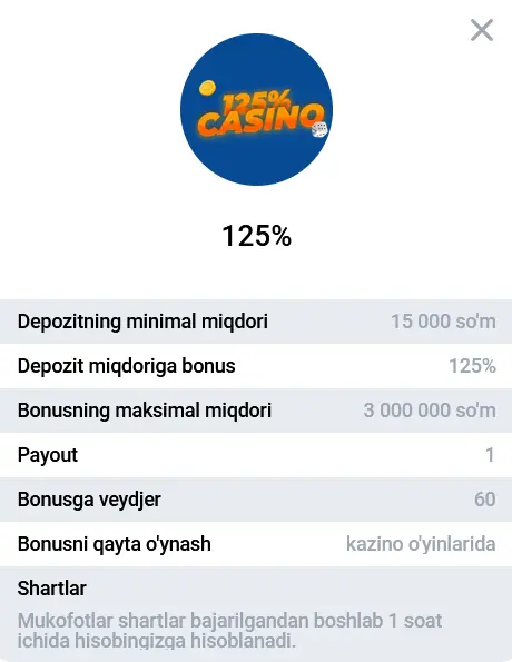 Казинода 1-депозит учун 125% бонус Казинода 1-депозит учун 125% бонус