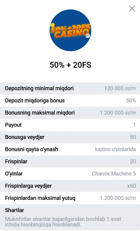 Казинода 2-депозит учун 50% бонус + 20 FS Казинода 2-депозит учун 50% бонус + 20 FS