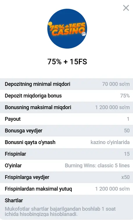 Казинода 3-депозит учун 75% бонус + 15 FS Казинода 3-депозит учун 75% бонус + 15 FS