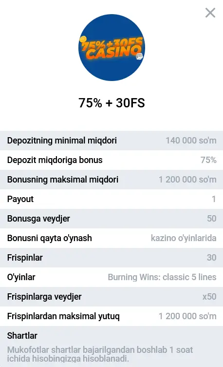 Казинода 3-депозит учун 75% бонус + 30 FS Казинода 3-депозит учун 75% бонус + 30 FS