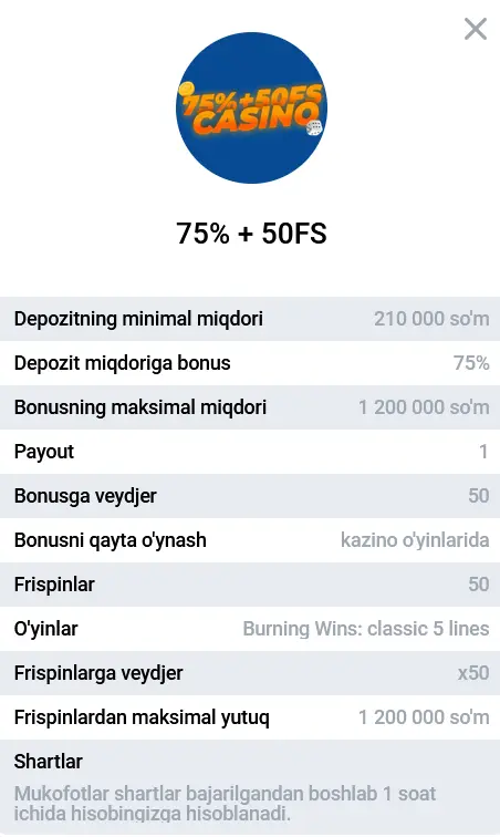 Казинода 3-депозит учун 75% бонус + 50 FS Казинода 3-депозит учун 75% бонус + 50 FS
