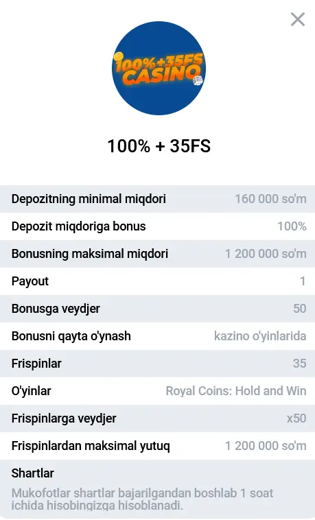 Казинода 4-депозит учун 100% бонус + 35 FS Казинода 4-депозит учун 100% бонус + 35 FS