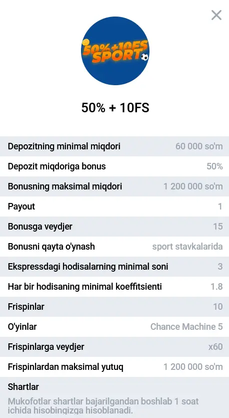 Спортга пул тикишда 2-депозит учун 50% бонус + 10 FS Спортга пул тикишда 2-депозит учун 50% бонус + 10 FS