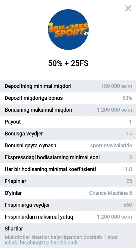 Спортга пул тикишда 2-депозит учун 50% бонус + 25 FS Спортга пул тикишда 2-депозит учун 50% бонус + 25 FS
