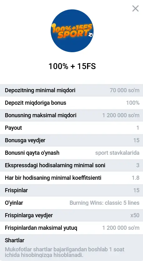 Спортга пул тикишда 3-депозит учун 100% бонус + 15 FS Спортга пул тикишда 3-депозит учун 100% бонус + 15 FS