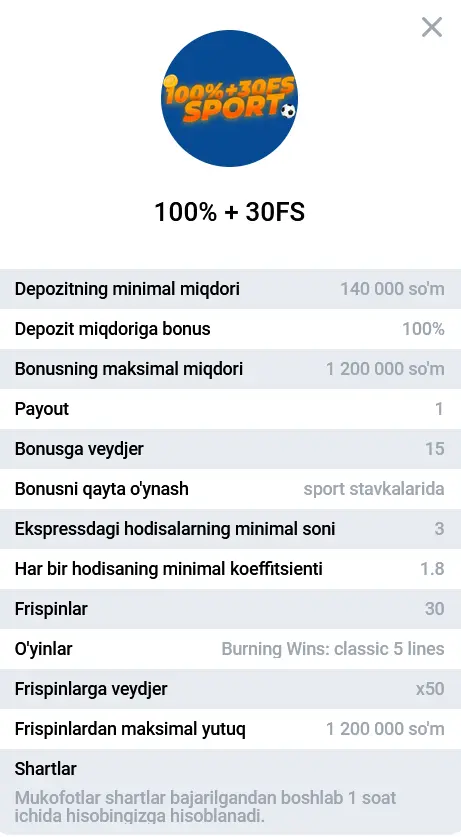 Спортга пул тикишда 3-депозит учун 100% бонус + 30 FS Спортга пул тикишда 3-депозит учун 100% бонус + 30 FS