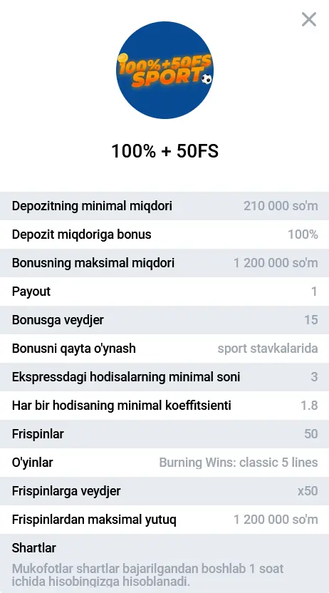 Спортга пул тикишда 3-депозит учун 100% бонус + 50 FS Спортга пул тикишда 3-депозит учун 100% бонус + 50 FS