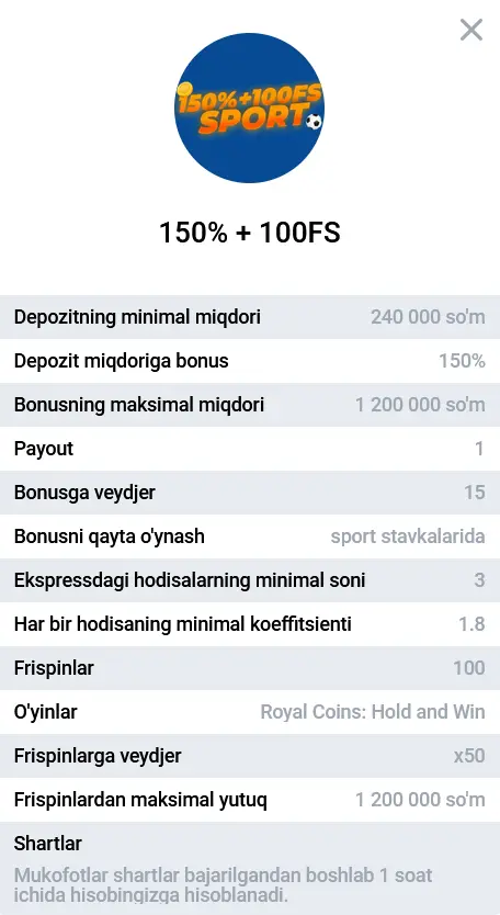 Спортга пул тикишда 4-депозит учун 150% бонус + 100 FS Спортга пул тикишда 4-депозит учун 150% бонус + 100 FS