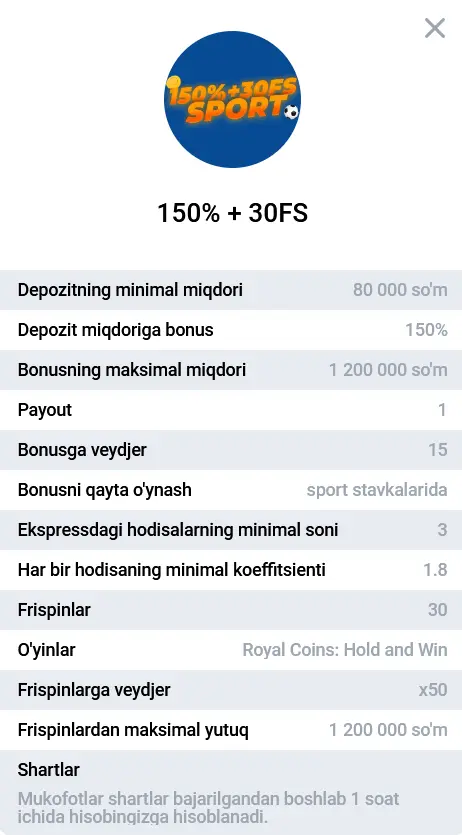 Спортга пул тикишда 4-депозит учун 150% бонус + 30 FS Спортга пул тикишда 4-депозит учун 150% бонус + 30 FS